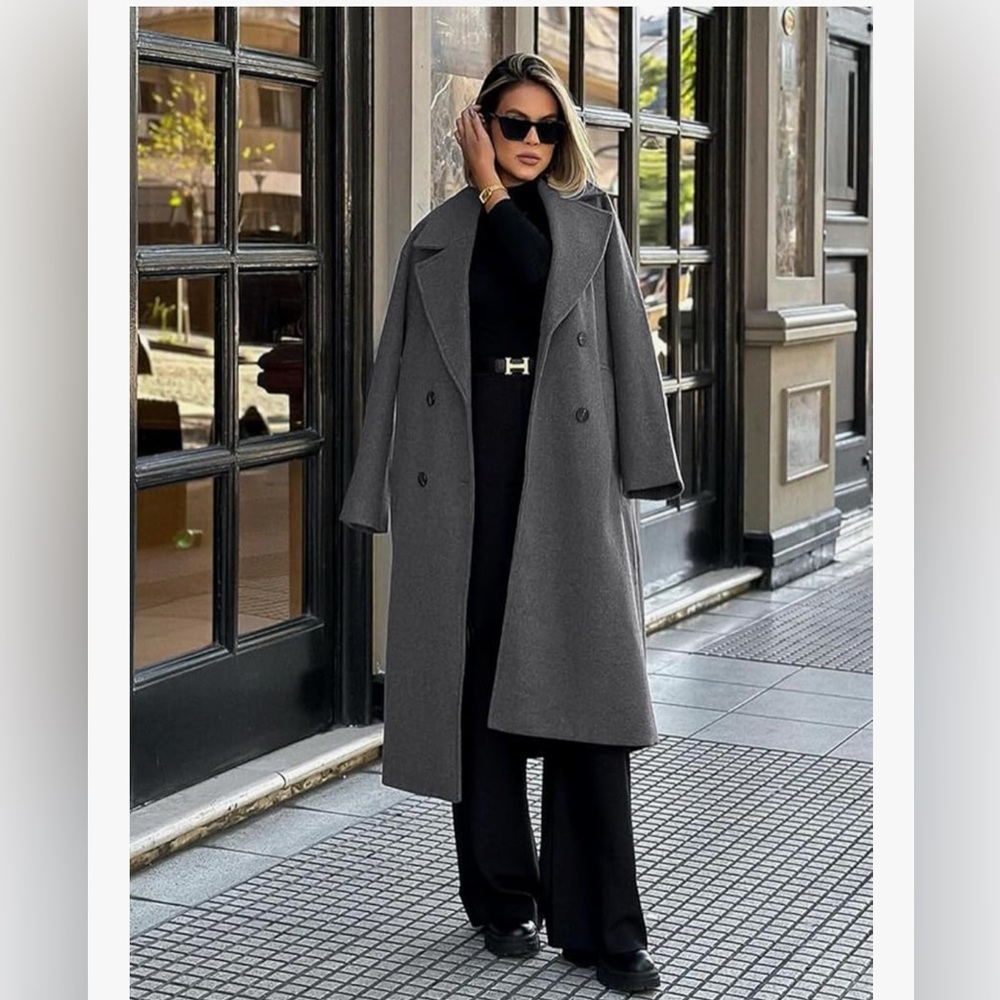 Womens Long Double Breasted Pea Trench Coat with Pockets